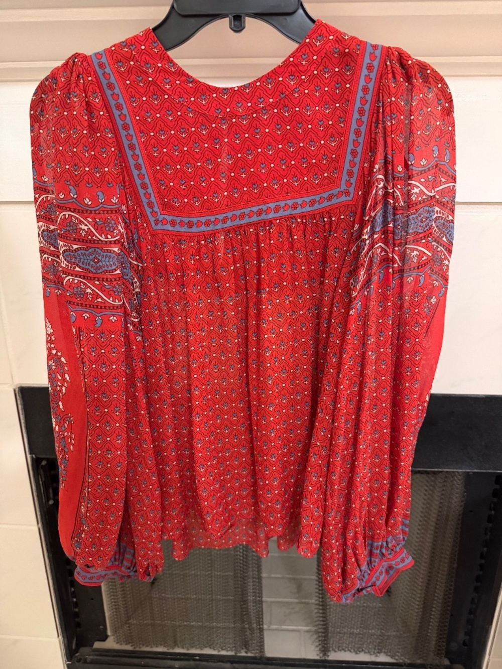 Ulla Johnson Caspia Silva Border Print Silk Blouse Red Blue Size 6
